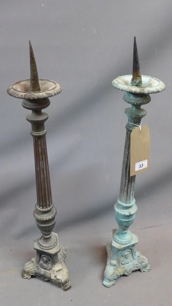 A pair of late 19th century gilt metal pricket sticks, H.67cm