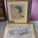 A framed and glazed hunting scene H.50 W.65cm and another 19th century of a pencil drawing of a