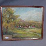 An Eastern European oil on board, village scene, H.45 W.54cm