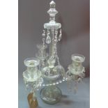 A late 19th/early 20th century glass table three branch candelabra