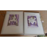 A pair of coloured engravings, titled 'curtains open' and 'curtains closed', indistinctly signed,