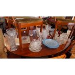 A collection of crystal items to include, 5 haves, 2 decanters, an ashtray, dishes and other glass