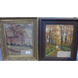 A gilt framed oil on board of woods by a lake, indistinctly signed H.40 W.34cm and another