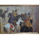 A late 20th century oil on canvas, depicting Middle Eastern men on horseback, signed M.Barrueko, H.