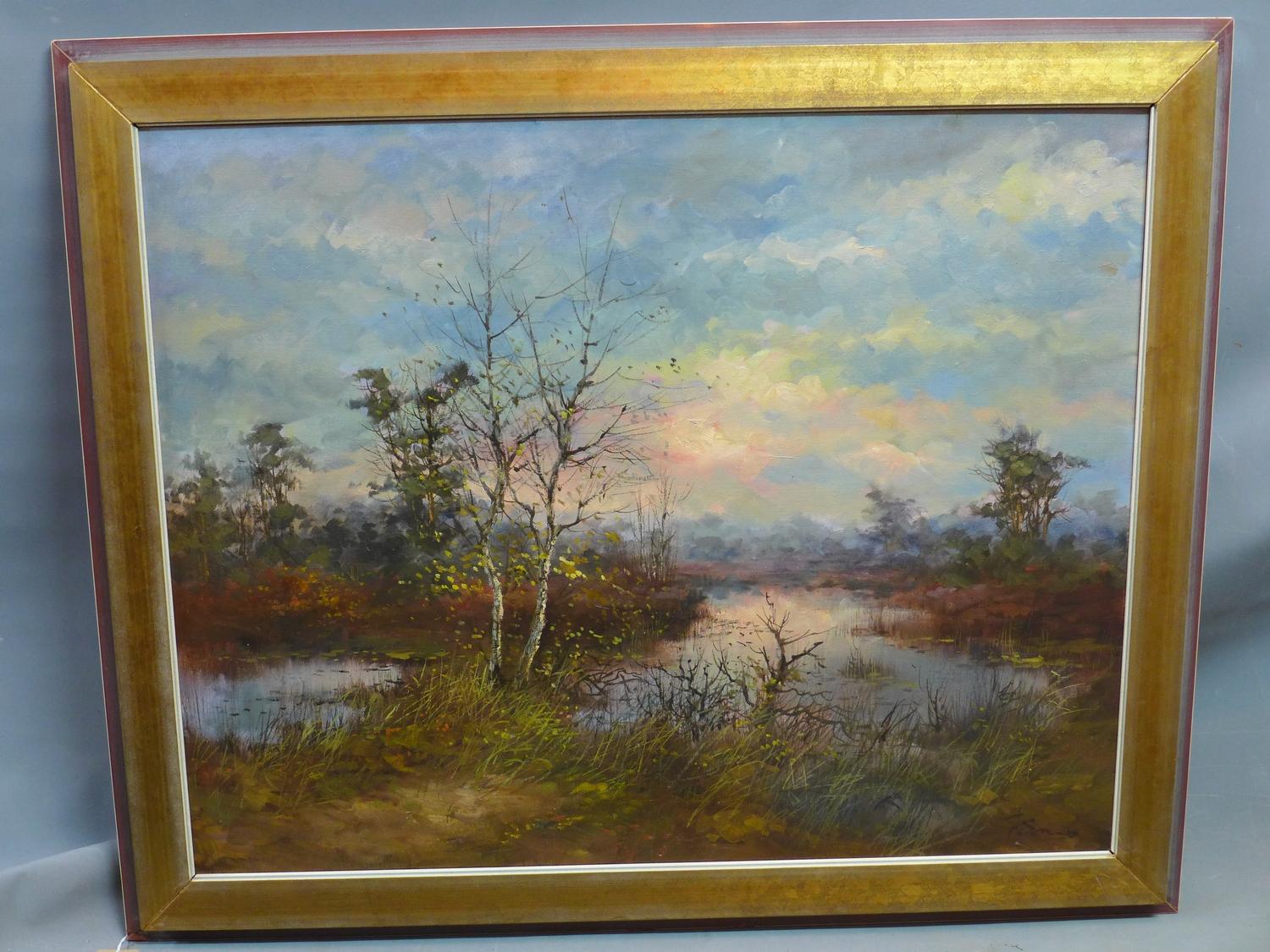 20th century Dutch school, Birch Tree by a Lake, oil on canvas, signed 'Johnas' lower right, 79 x