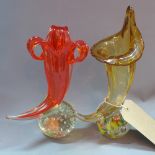 Art glass - 2 unusual cornucopia on paperweight bases