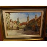 Jan Rawicz (20th century Polish), a townscape scene, oil on canvas, signed lower right, H.35.5cm W.