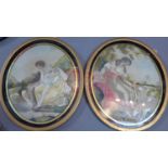 A pair of 19th century oval gilt framed and glazed embroideries, classical ladies, label to verso