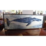 A print of a blue whale on glass, 41x118cm