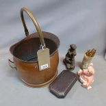 A brass coal bucket, together with a money box, cutlery case, horn container and quills and resin