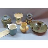 Art Pottery - A miscellaneous collection; candlestand, jars, pots and a tureen, including