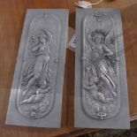 A pair of relief carved plaques, depicting Alphonse Mucha style maidens and cherubs having