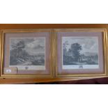 A pair of early 19th century glazed in gilt framed prints, people in a landscape H.41cm W.45cm