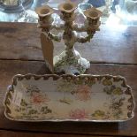 A three branch Meissen style table candelabra and a Chinese floral dish