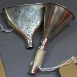 A silver perfume funnel, engraved with crest depicting a cockerel holding a goblet within a C-scroll