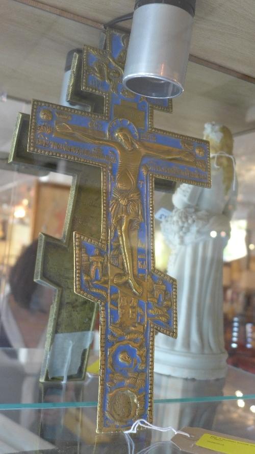 A Russian bronze crucifix with Russian inscription to verso, H.36cm