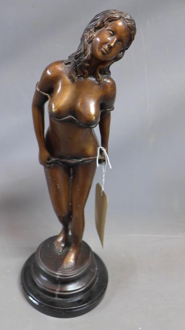 A contemporary bronze study of a semi nude lady, raised on marble base, H.54cm