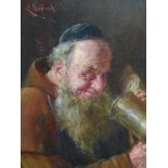 Ernst Nowak (Austrian, 1851-1919), portrait of a monk with a tankard, oil on panel, signed upper