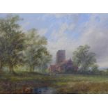 Edward Partridge (British, exh.1879-1896), 'Through the Meadow to the Church', oil on board,