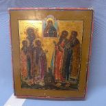 A Russian icon showing five saints and the Mother of God above, tempera on wooden panel, parcel