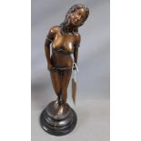 A contemporary bronze study of a semi nude lady, raised on marble base, H.54cm