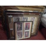 Two sets of framed and glazed French coloured prints of semi-nude ladies in Classical scenes, (2)