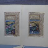 Two double sided Mughal manuscript pages, one showing a hunting scene with text to verso, the