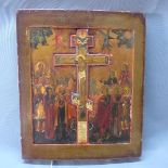 A Russian icon of the Crucifixion, Jesus to centre on inset crucifix surrounded by mourners,