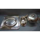 A Christofle silver plated rectangular tray, with matching oval dish and sauce boat with