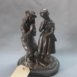 A late 19th century bronze study of a boy and a girl, initialled M.F, raised on slate base, H.26