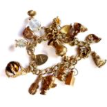A 9ct yellow gold vintage Ladies Charm bracelet, having 18 charms attached. Approx 41.8g