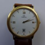 An 18ct yellow gold Omega wristwatch, the white dial with Roman numerals at 12, 3 and 9, Arabic