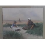 Constant Artz (1870-1951), Mother and child sitting by the sea with sailing boat to background,