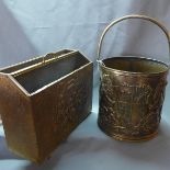 Two brass clad log boxes, one with seat to top, together with a brass clad newspaper rack, and a