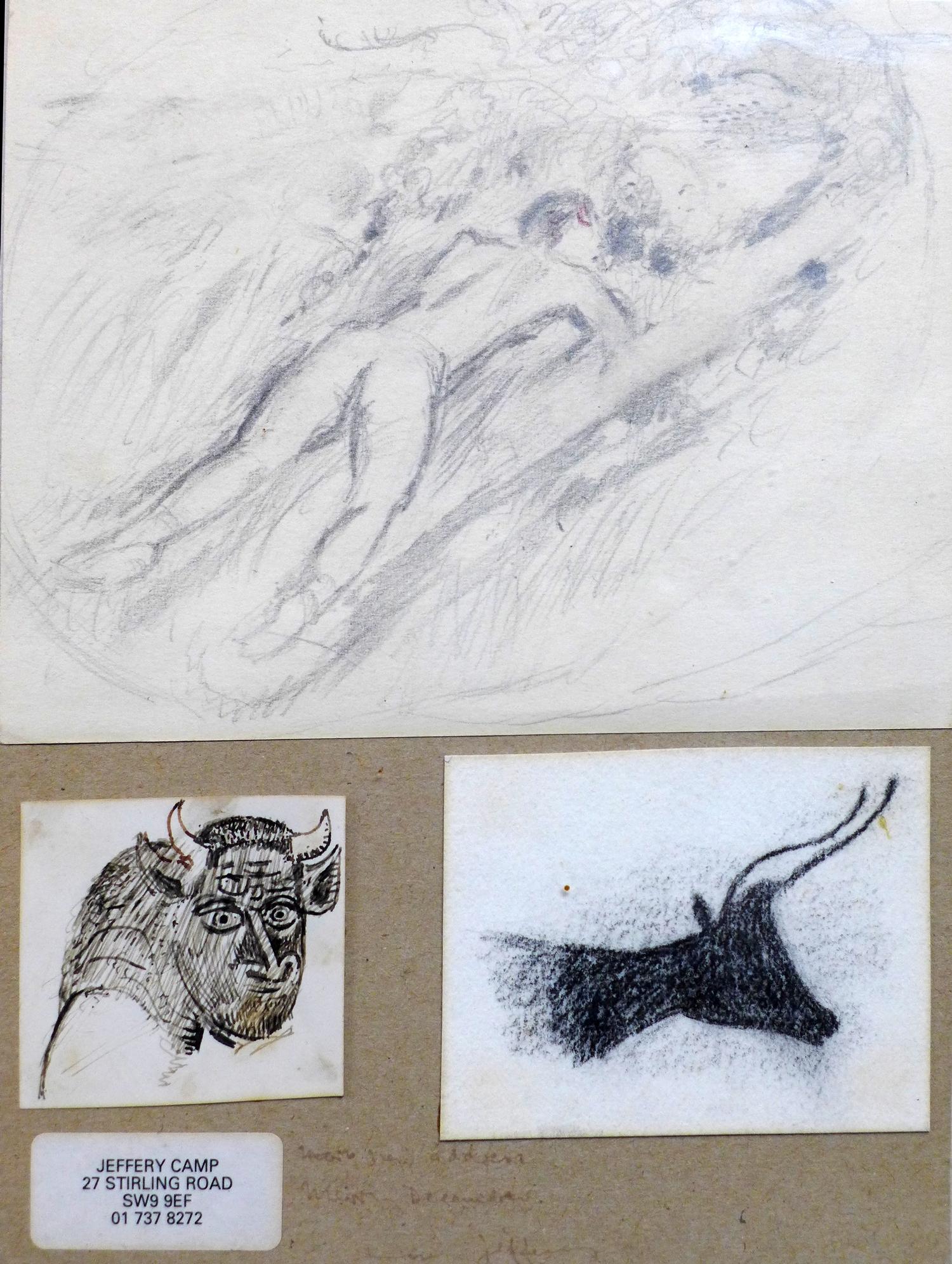 Jeffery Camp R.A. (British,b.1923), three Surrealist drawings, a downward facing nude, a portrait of