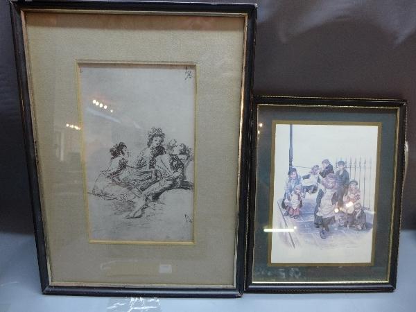 Two prints of children playing; one being monochromatic depicting girls on a sofa, the other