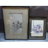 Two prints of children playing; one being monochromatic depicting girls on a sofa, the other