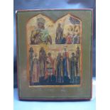 A Russian icon into three registers, depicting the Mother of God and Christ, Mary addressing saints,