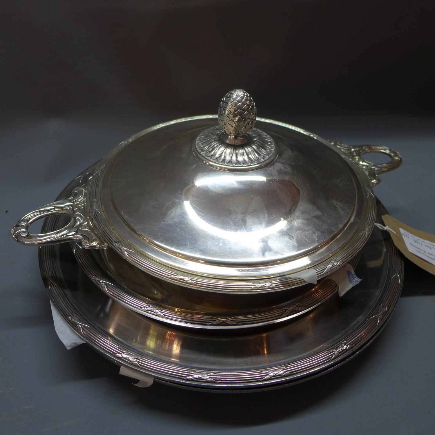 A Christofle silver plated tureen having pineapple finial, together with matching bowl and pair of