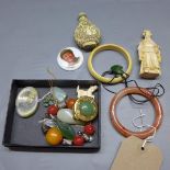 Five jade pendants, a pair of jade earrings, agate, ivory bangle plus sundry items