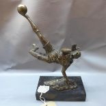 A cast bronze study of a footballer doing an overhead kick, signed Milo, on rectangular marble base,