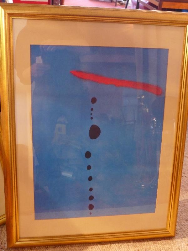 After Joan Miro, an abstract print on a turquoise ground, 64 x 47cm, together with a contemporary - Image 2 of 3