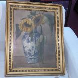 20th century Continental school, 'Sunflowers in a Delft blue and white vase', watercolour,