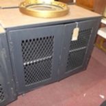 Four vintage metal coin lockers, raised on castors, reportedly from the Bank of England