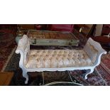 A Louis XV style white painted window stool, with velour upholstery, raised on cabriole legs, H.79