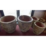Four terracotta pots in brown Atlantis finish, comprising two large 62cm, diameter 58cm & two medium