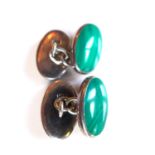 A pair of silver cufflinks, each inset with oval cut malachite, marked 925