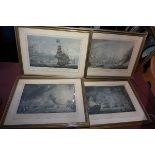 A set of four 19th century coloured engravings, depicting scenes of the Battle of the Nile, 57 x