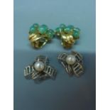 A pair of 18ct yellow gold, jade and diamond inset clip on earrings, stamped 18ct, together with a