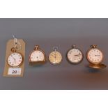 A collection of five pocket watches, to include a gold plated open face pocket watch, with enamel